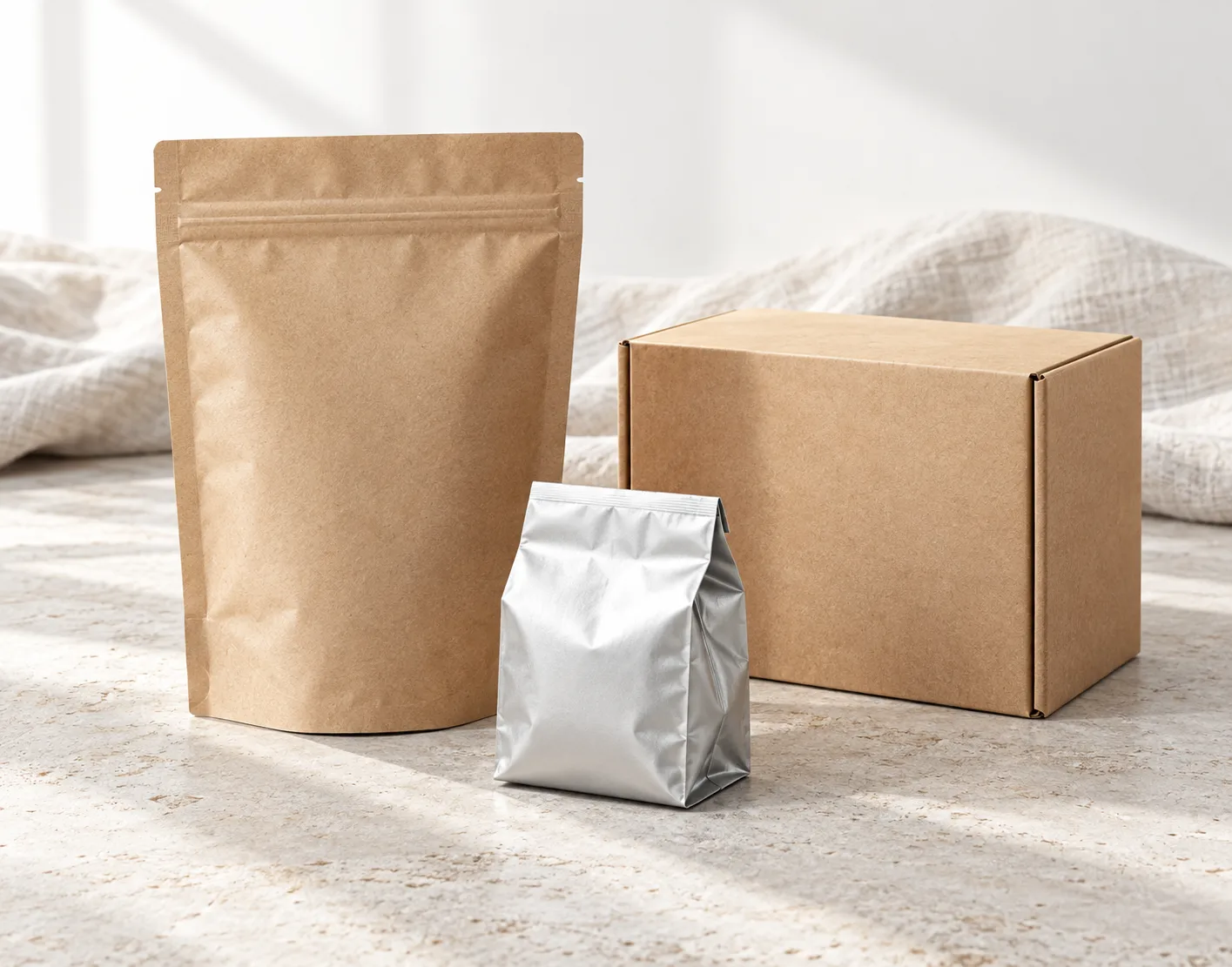 A plain kraft tea pouch, silver foil liner and protective carton on a light stone surface